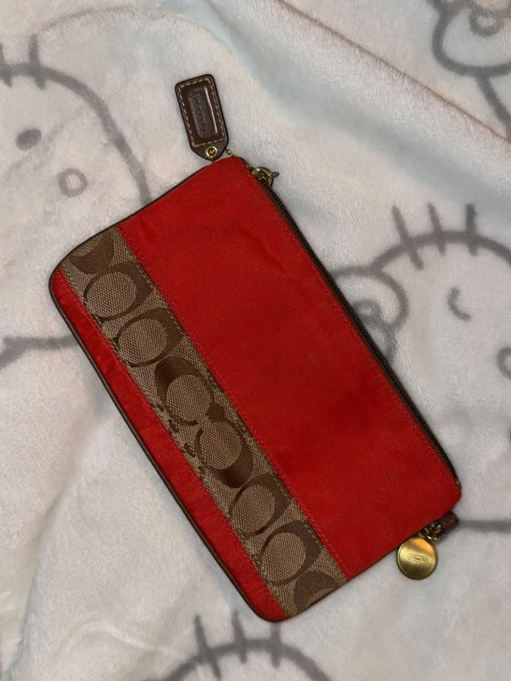 Coach Red Canvas and Brown Signature Stripe Wristlet